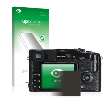Parte frontal de un envase de producto con el logotipo de la marca upscreen. Al lado se muestra el dispositivo Fujifilm X-Pro1
