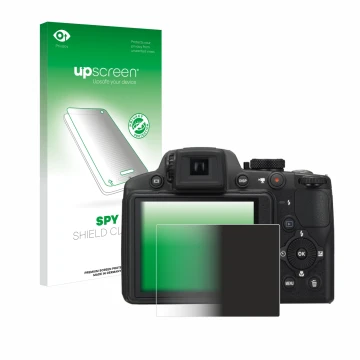 Parte frontal de un envase de producto con el logotipo de la marca upscreen. Al lado se muestra el dispositivo Nikon Coolpix P
