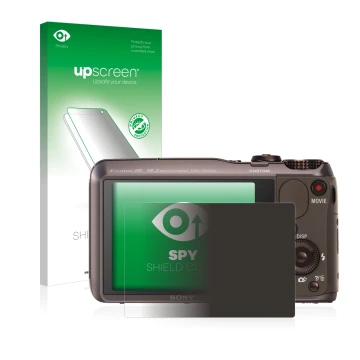 Parte frontal de un envase de producto con el logotipo de la marca upscreen. Al lado se muestra el dispositivo Sony Cyber-Shot