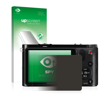 Parte frontal de un envase de producto con el logotipo de la marca upscreen. Al lado se muestra el dispositivo Samsung NX1000 