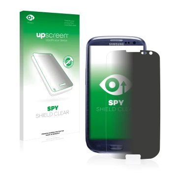 Parte frontal de un envase de producto con el logotipo de la marca upscreen. Al lado se muestra el dispositivo Samsung Galaxy 