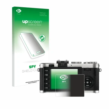 Parte frontal de un envase de producto con el logotipo de la marca upscreen. Al lado se muestra el dispositivo Leica X2 con su