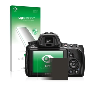 Parte frontal de un envase de producto con el logotipo de la marca upscreen. Al lado se muestra el dispositivo Sony Alpha 37 (
