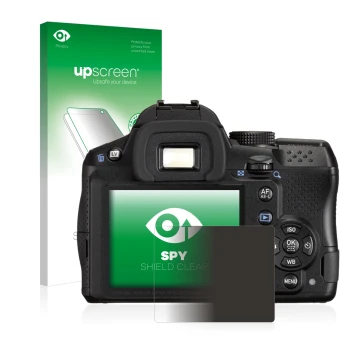 Parte frontal de un envase de producto con el logotipo de la marca upscreen. Al lado se muestra el dispositivo Pentax K-30 con