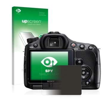 Parte frontal de un envase de producto con el logotipo de la marca upscreen. Al lado se muestra el dispositivo Sony Alpha 57 (