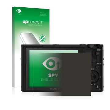 Parte frontal de un envase de producto con el logotipo de la marca upscreen. Al lado se muestra el dispositivo Sony Cyber-Shot