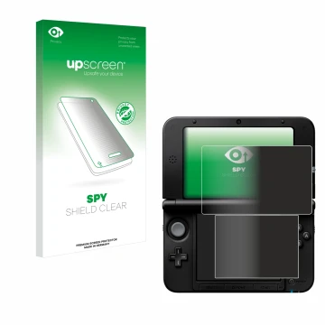 Parte frontal de un envase de producto con el logotipo de la marca upscreen. Al lado se muestra el dispositivo Nintendo 3DS XL