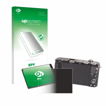 Parte frontal de un envase de producto con el logotipo de la marca upscreen. Al lado se muestra el dispositivo Samsung EX2F co