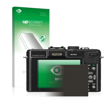 Parte frontal de un envase de producto con el logotipo de la marca upscreen. Al lado se muestra el dispositivo Panasonic Lumix