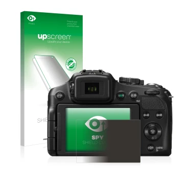 Parte frontal de un envase de producto con el logotipo de la marca upscreen. Al lado se muestra el dispositivo Panasonic Lumix