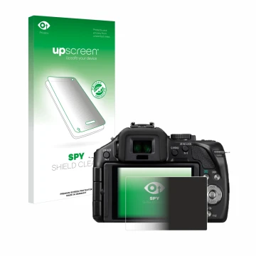 Parte frontal de un envase de producto con el logotipo de la marca upscreen. Al lado se muestra el dispositivo Panasonic Lumix
