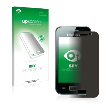 Parte frontal de un envase de producto con el logotipo de la marca upscreen. Al lado se muestra el dispositivo Samsung Galaxy 