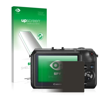 Parte frontal de un envase de producto con el logotipo de la marca upscreen. Al lado se muestra el dispositivo Canon EOS M con