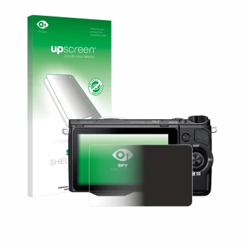 Parte frontal de un envase de producto con el logotipo de la marca upscreen. Al lado se muestra el dispositivo Sony Alpha NEX-