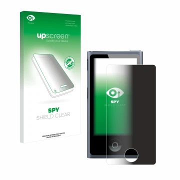 Parte frontal de un envase de producto con el logotipo de la marca upscreen. Al lado se muestra el dispositivo Apple iPod nano