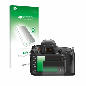 Parte frontal de un envase de producto con el logotipo de la marca upscreen. Al lado se muestra el dispositivo Nikon D600 con 