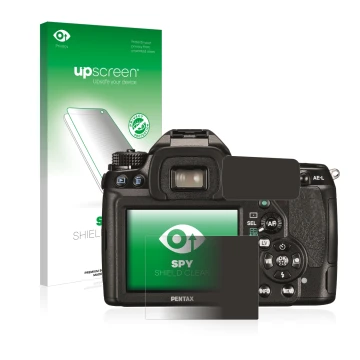 Parte frontal de un envase de producto con el logotipo de la marca upscreen. Al lado se muestra el dispositivo Pentax K5II, K-