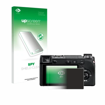 Parte frontal de un envase de producto con el logotipo de la marca upscreen. Al lado se muestra el dispositivo Sony Alpha NEX-