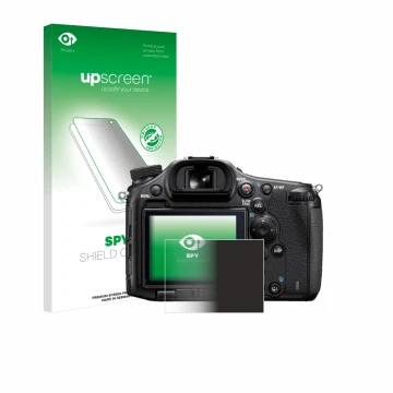 Parte frontal de un envase de producto con el logotipo de la marca upscreen. Al lado se muestra el dispositivo Sony Alpha 99 c