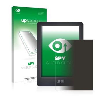 Parte frontal de un envase de producto con el logotipo de la marca upscreen. Al lado se muestra el dispositivo Kobo Glo con su