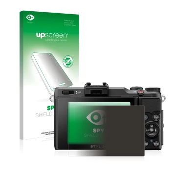Parte frontal de un envase de producto con el logotipo de la marca upscreen. Al lado se muestra el dispositivo Olympus Stylus 