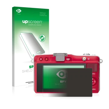 Parte frontal de un envase de producto con el logotipo de la marca upscreen. Al lado se muestra el dispositivo Olympus PEN Min
