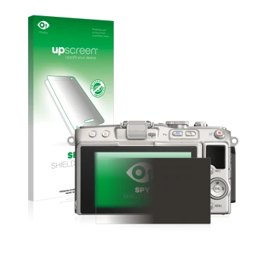 Parte frontal de un envase de producto con el logotipo de la marca upscreen. Al lado se muestra el dispositivo Olympus PEN Lit