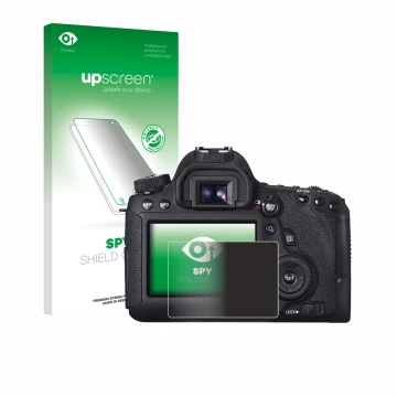 Parte frontal de un envase de producto con el logotipo de la marca upscreen. Al lado se muestra el dispositivo Canon EOS 6D co