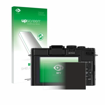 Parte frontal de un envase de producto con el logotipo de la marca upscreen. Al lado se muestra el dispositivo Leica D-Lux 6 c