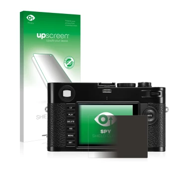 Parte frontal de un envase de producto con el logotipo de la marca upscreen. Al lado se muestra el dispositivo Leica M (Typ 24