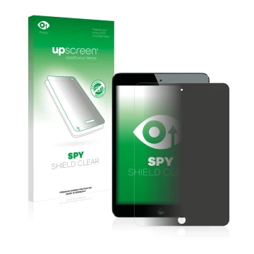 Parte frontal de un envase de producto con el logotipo de la marca upscreen. Al lado se muestra el dispositivo Apple iPad Mini