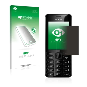 Parte frontal de un envase de producto con el logotipo de la marca upscreen. Al lado se muestra el dispositivo Nokia 206 Dual 