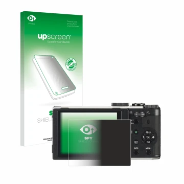 Parte frontal de un envase de producto con el logotipo de la marca upscreen. Al lado se muestra el dispositivo Pentax MX-1 con
