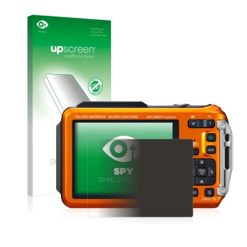 Parte frontal de un envase de producto con el logotipo de la marca upscreen. Al lado se muestra el dispositivo Panasonic Lumix