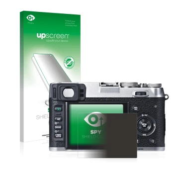 Parte frontal de un envase de producto con el logotipo de la marca upscreen. Al lado se muestra el dispositivo Fujifilm X100S 