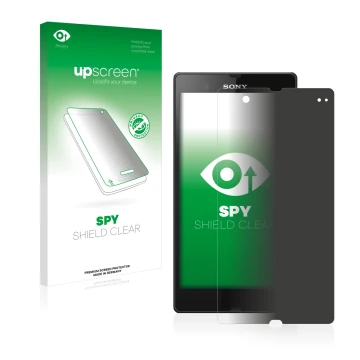 Parte frontal de un envase de producto con el logotipo de la marca upscreen. Al lado se muestra el dispositivo Sony Xperia Z C
