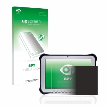 Parte frontal de un envase de producto con el logotipo de la marca upscreen. Al lado se muestra el dispositivo Panasonic Tough