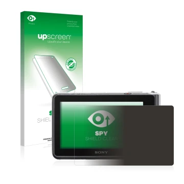 Parte frontal de un envase de producto con el logotipo de la marca upscreen. Al lado se muestra el dispositivo Sony Cyber-Shot