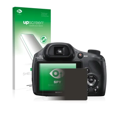 Parte frontal de un envase de producto con el logotipo de la marca upscreen. Al lado se muestra el dispositivo Sony Cyber-Shot