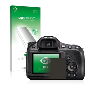 Parte frontal de un envase de producto con el logotipo de la marca upscreen. Al lado se muestra el dispositivo Sony Alpha 58 (