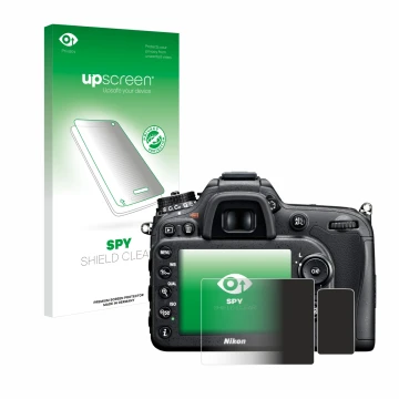 Parte frontal de un envase de producto con el logotipo de la marca upscreen. Al lado se muestra el dispositivo Nikon D7100 con