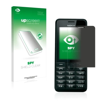 Parte frontal de un envase de producto con el logotipo de la marca upscreen. Al lado se muestra el dispositivo Nokia 301 con s