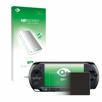 Parte frontal de un envase de producto con el logotipo de la marca upscreen. Al lado se muestra el dispositivo Sony PSP 1004 c