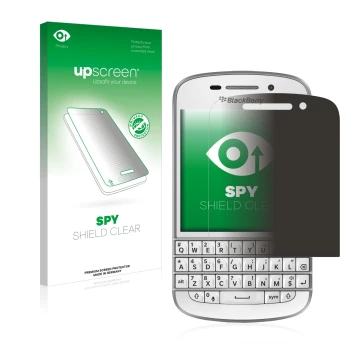 Parte frontal de un envase de producto con el logotipo de la marca upscreen. Al lado se muestra el dispositivo BlackBerry Q10 
