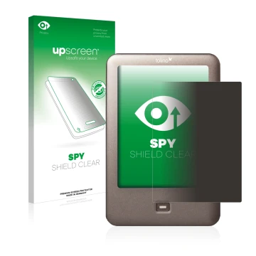 Parte frontal de un envase de producto con el logotipo de la marca upscreen. Al lado se muestra el dispositivo Tolino Shine co