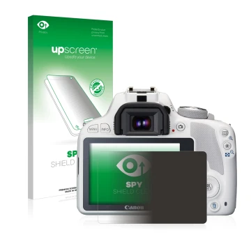 Parte frontal de un envase de producto con el logotipo de la marca upscreen. Al lado se muestra el dispositivo Canon EOS 100D 