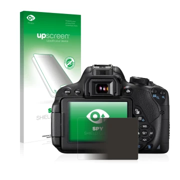Parte frontal de un envase de producto con el logotipo de la marca upscreen. Al lado se muestra el dispositivo Canon EOS 700D 