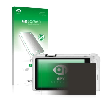 Parte frontal de un envase de producto con el logotipo de la marca upscreen. Al lado se muestra el dispositivo Samsung NX2000 