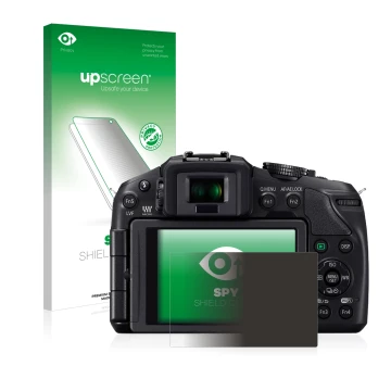 Parte frontal de un envase de producto con el logotipo de la marca upscreen. Al lado se muestra el dispositivo Panasonic Lumix