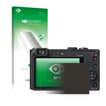 Parte frontal de un envase de producto con el logotipo de la marca upscreen. Al lado se muestra el dispositivo Panasonic Lumix